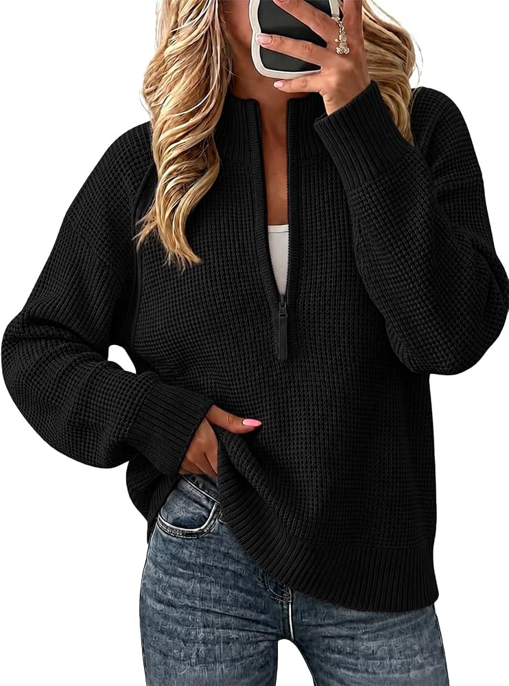 Fisoew Womens Quarter Zip Pullover Sweaters Waffle Knit Long Sleeve Tops | Amazon (US)