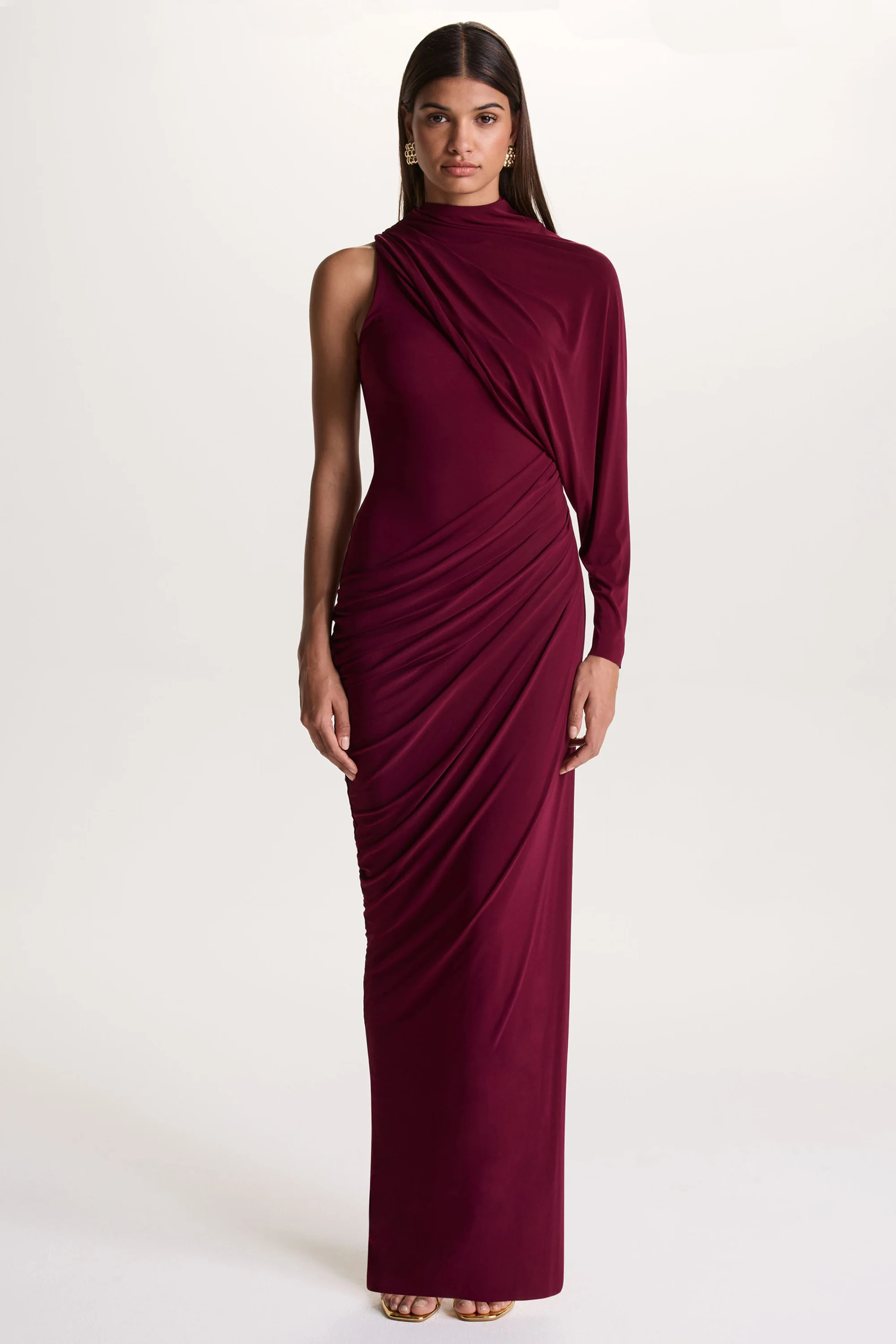 Aphra | Burgundy High-Neck Maxi Dress With Cape-Sleeve | Club L London