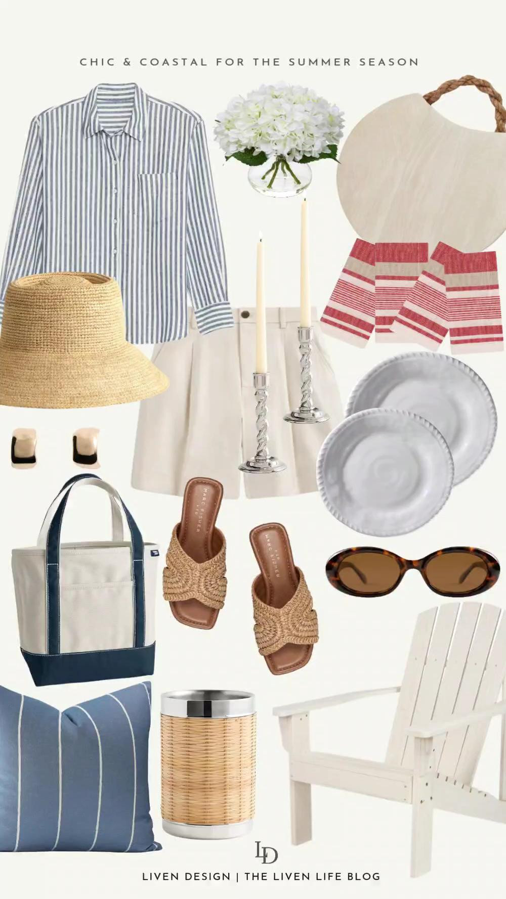Cape Cod style. Home decor. Summer style. Linen button down shirt. Linen shorts. Melamine plates. Gold earrings. Raffia slide sandals. Hydrangeas. Raffia hat. Straw hat. Adorandack chair. Wine chiller. Tote. Canvas tote. 

#LTKHome #LTKSaleAlert #LTKSeasonal