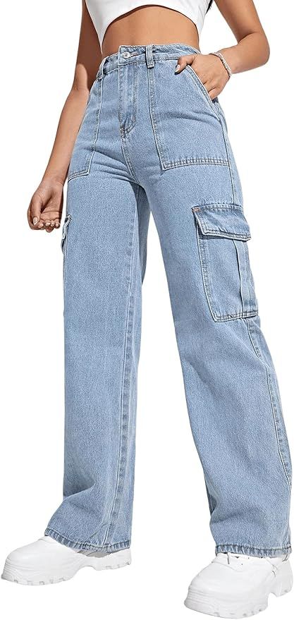 SweatyRocks Women's High Waist Cargo Jeans Flap Pocket Wide Leg Denim Pants | Amazon (US)