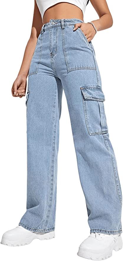SweatyRocks Women's High Waist Cargo Jeans Flap Pocket Wide Leg Denim Pants | Amazon (US)