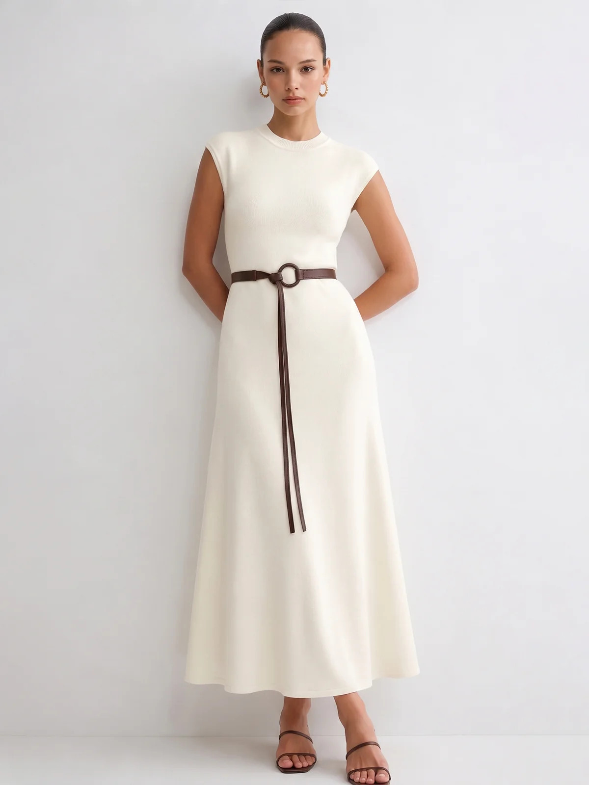 Sleeveless Knit Belted Maxi Dress | Commense