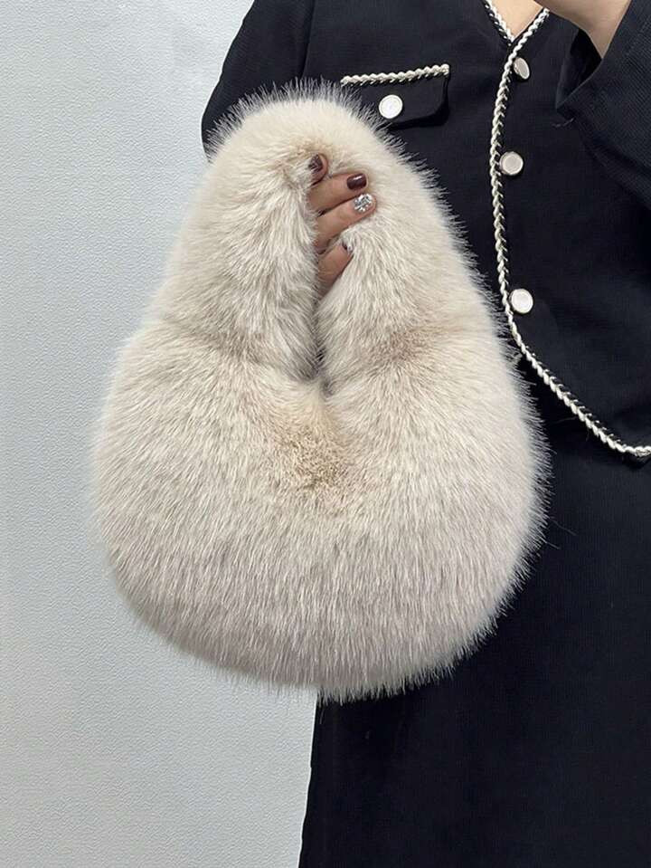 Yogodlns Solid Color Plush Dumpling Bag Simple Style Niche Design Faux Fox Fur Handbag Tote Small Women's Underarm Hobo Bag Fluffy, Fuzzy, Soft, Plush Casual, Fashion Y2K Plush Portable Bag, Valentines, New Autumn And Winter Women Bag, Best Fall Purse, Perfectly Matching With Fall Outfits Women Fall Clothes For Women | SHEIN