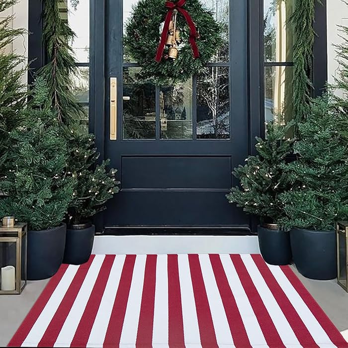 Christmas Outdoor mat Red and White Striped Outdoor Rug Front Porch Rug,Christmas Home Decor, Lay... | Amazon (US)