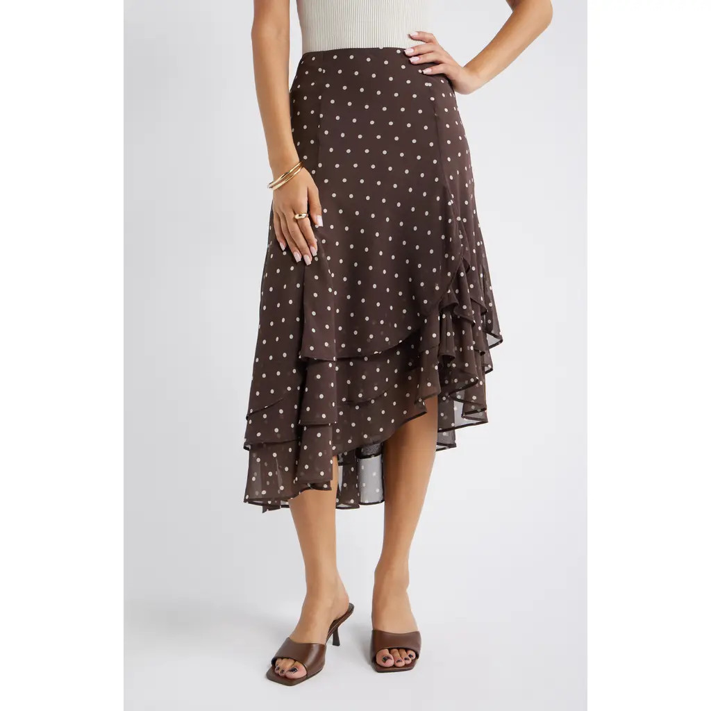Open Edit Layered Asymmetric Chiffon Midi Skirt in Brown Bea Dot at Nordstrom Rack, Size Small | Nordstrom Rack
