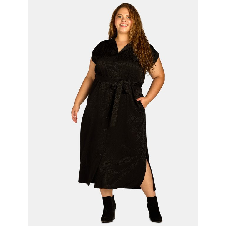 Terra & Sky Black Label Women's Plus Size Sleeveless Midi Shirt Dress with Rolled Cuffs, 0X-4X | Walmart (US)
