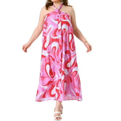Women's Plus Size Colorful Print Halter Sleeveless Boho Beach Summer Maxi Sundresses - Agnes Orinda 4X Red Pink | Target
