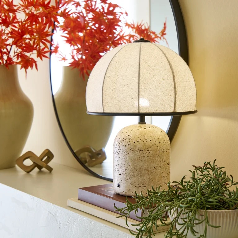 Better Homes & Gardens Rechargeable 14 in Stone Gourd Table Lamp with Fabric Dome Shade | Walmart (US)