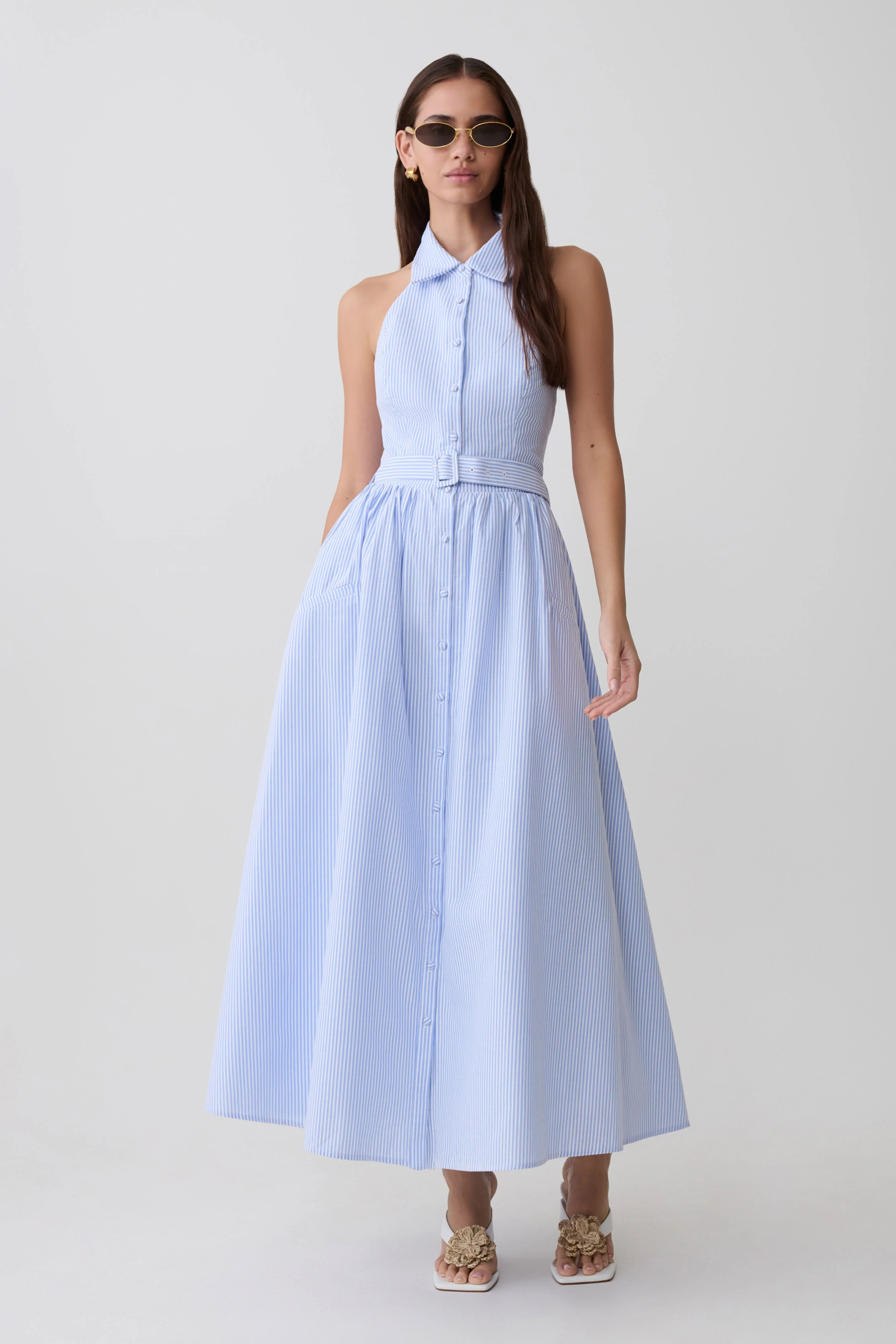 Cindy Collared Midi Dress - Blue Pinstripe | MESHKI US