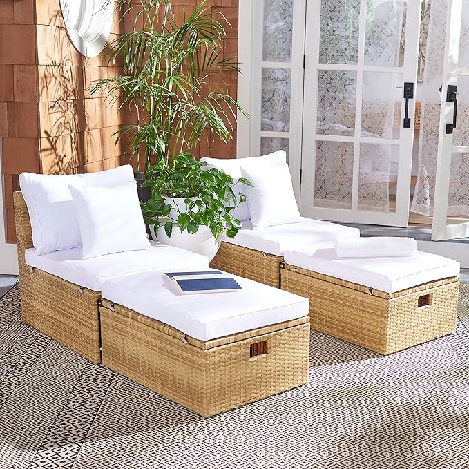 SAFAVIEH Outdoor Collection Pramla Natural/White Cushion Settee with Storage Ottoman (Set of 2) P... | Amazon (US)