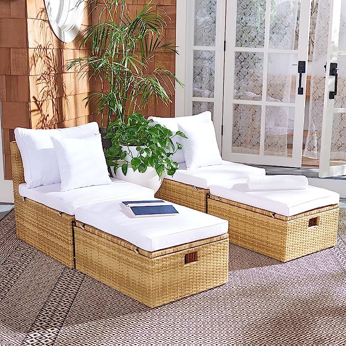 SAFAVIEH Outdoor Collection Pramla Natural/White Cushion Settee with Storage Ottoman (Set of 2) P... | Amazon (US)