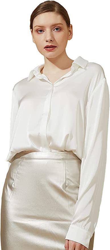 Escalier Women's Satin Silk Long Sleeve Button Down Shirt Casual Work Office Silky Blouse Top | Amazon (US)