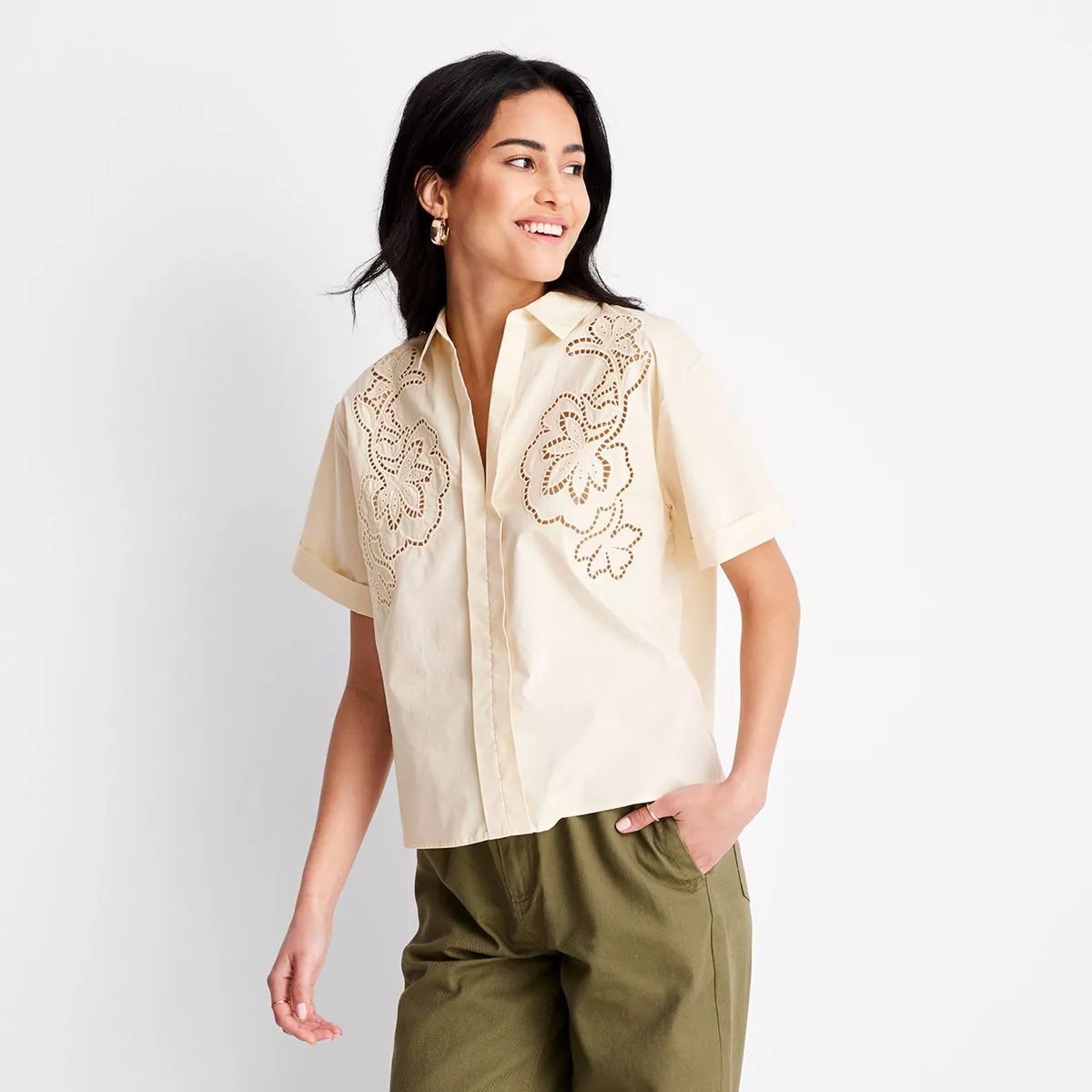 Women's Short Sleeve Eyelet Resort Button-Down Shirt - Future Collective™ with Jenny K. Lopez Y... | Target