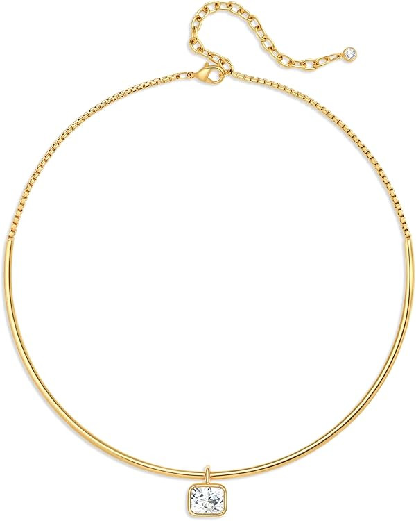 Gold Choker Necklace Dainty 14K Gold Plated Collar Necklace with Cubic Zircon Pendant Necklaces F... | Amazon (US)