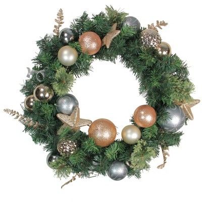 Northlight 24" Unlit Rose Gold/Silver Ball Ornaments Pine Artificial Christmas Wreath | Target