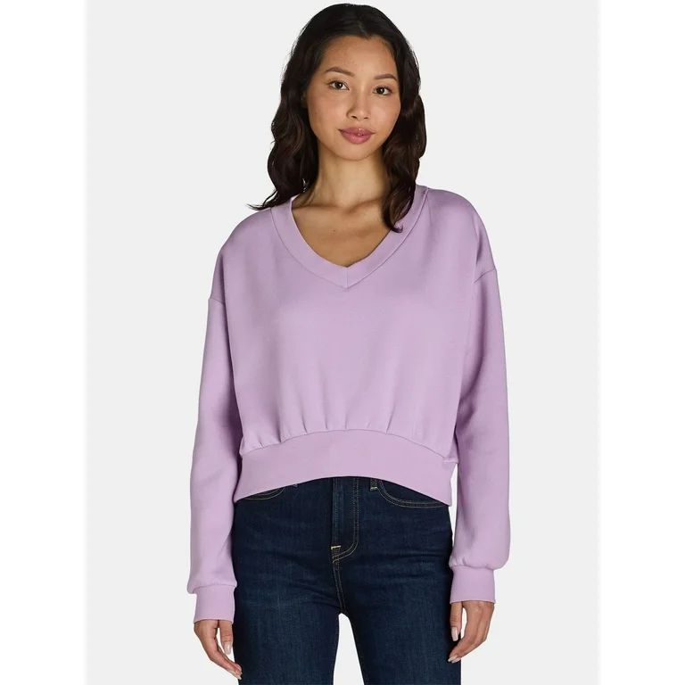 No Boundaries Cropped V Neck Sweatshirt, Women’s and Women’s Plus | Walmart (US)