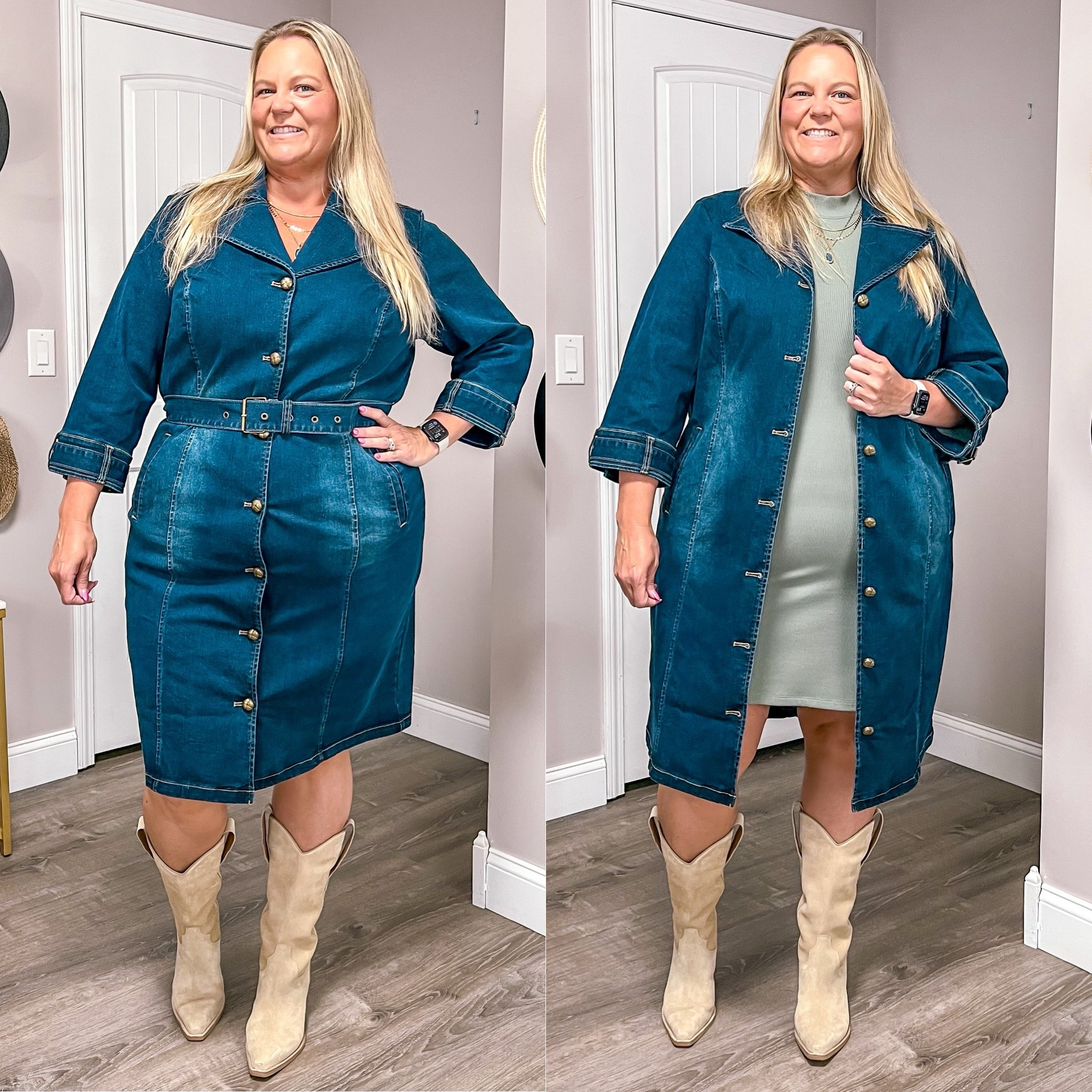 #ad #monroeandmain #mmstyle 

Getting ready for date night with these @monroeandmain options made it hard to pick an outfit to wear. Their pieces are so versatile and so many ways to style them. 

Which is your favorite?? 

I styled this green and black bold A-line shirt dress, Dalayla belted denim dress, and Kel crochet sweater a couple different ways. 

The shirt dress is such a great fabric and weight - this will also be perfect to wear to the office. The denim dress is a great stretchy material and a bonus that it doubles as a denim jacket! The sweater is so cozy and has a touch of gold metallic shimmer knit into the yarn. 

Sizing: I’m wearing the 2X in the shirt dress and sweater and the size 20W in the denim dress. 

#LTKStyleTip #LTKPlusSize #LTKSeasonal