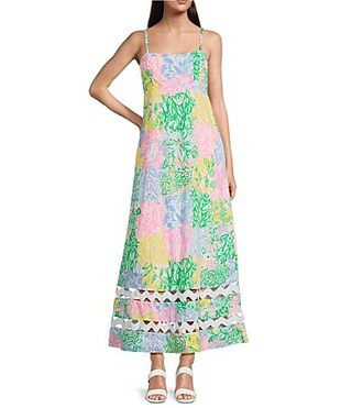 Lilly Pulitzer Poplin Bright Delight Patch Print Square Neck Sleeveless Ric Rac Dress - 16 | Dillard's