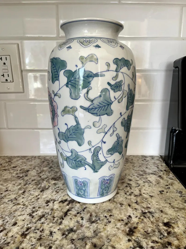 Large Ceramic White Vase With Blue and Pink Florals Vintage Chinoiserie 12.5 Tall - Etsy | Etsy (US)
