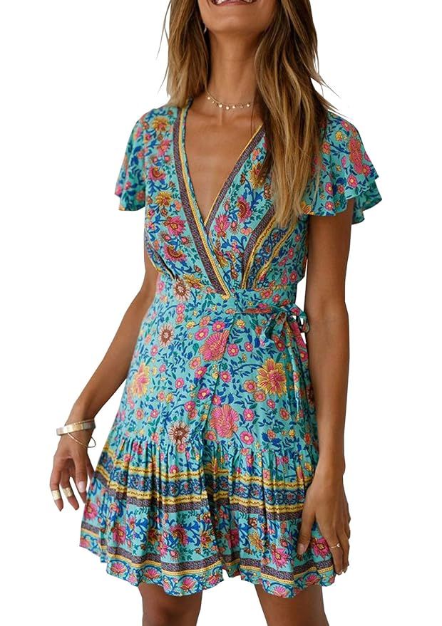 R.Vivimos Women's Summer Short Sleeve Casual Bohemian Beach Ruffle Floral Print Bow Tie Short Sun... | Amazon (CA)