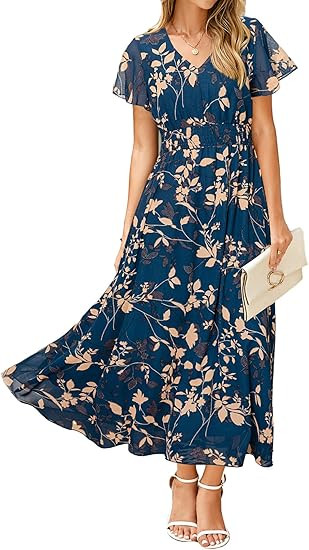Simplee Womens Floral Maxi Dress Short Sleeve Summer Boho Wedding Guest Dress Empire Waist Chiffo... | Amazon (US)