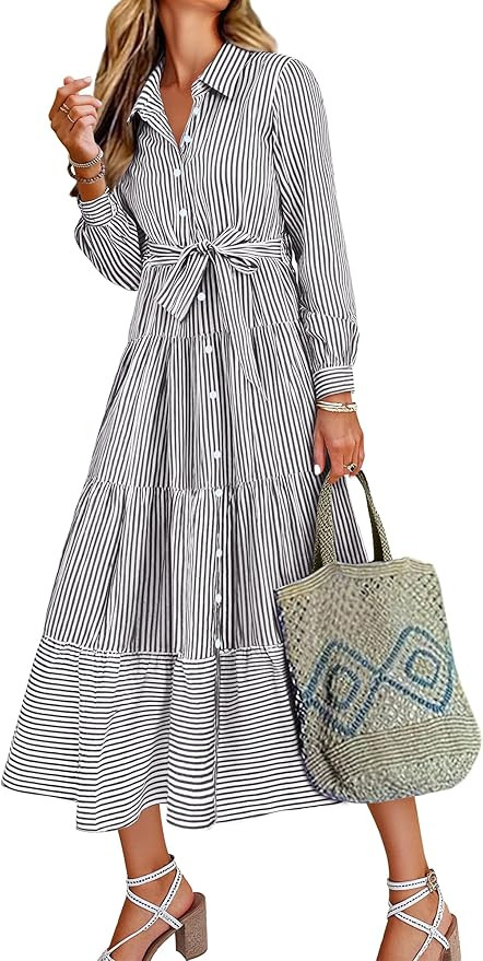 Caracilia Women Long Sleeve Maxi Dress 2026 Spring Casual Button Down Striped Plaid Tie Waist Shi... | Amazon (US)