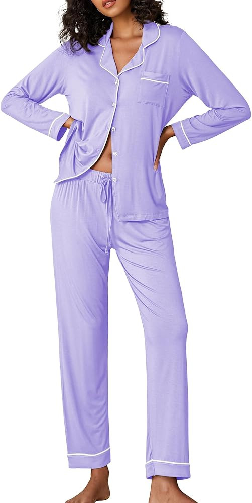 Ekouaer Pajamas Women's Long Sleeve Sleepwear Soft Button Down Loungewear Pjs Lounge Set Nightwea... | Amazon (US)