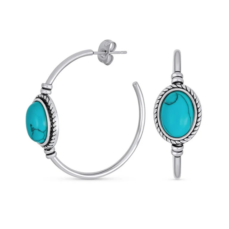 Bling Jewelry Oval Turquoise Twisted Rope Hoop Stud Western Earrings Stainless Steel | Walmart (US)