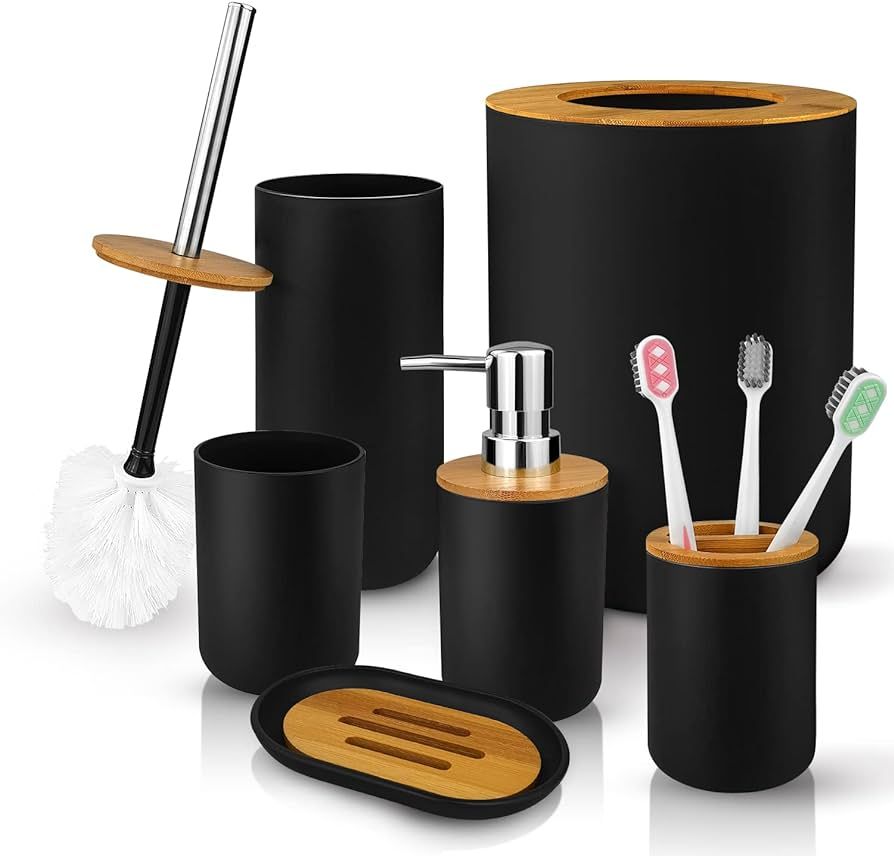 6 Pcs Bamboo and Plastic Bathroom Accessories Sets, Includes Toothbrush Cup, Toothbrush Holder, S... | Amazon (CA)