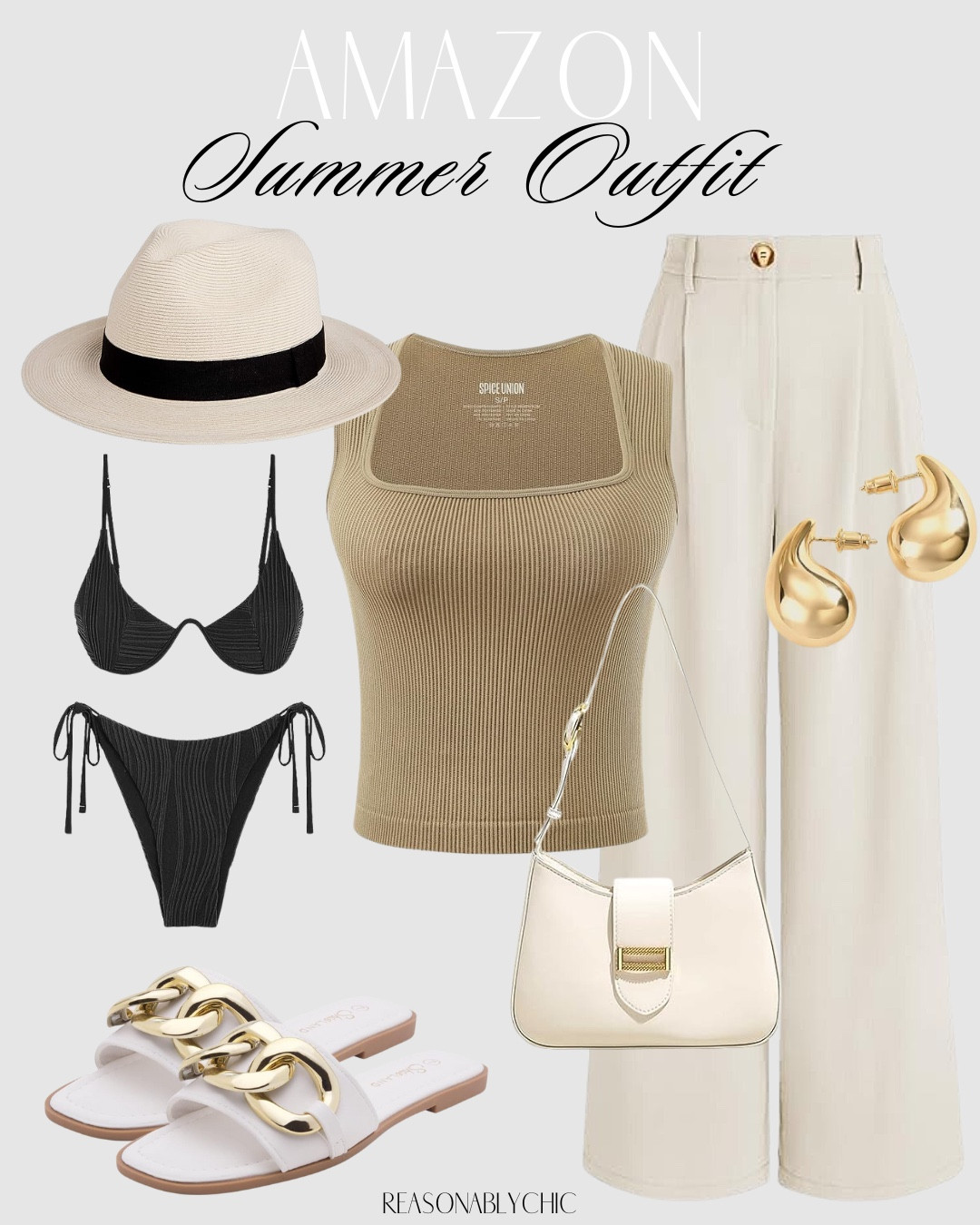 Tan Summer Outfit 

Neutral summer outfit, black bathing suit, tank top, slacks, summer hat, beachwear, casual chic, light fabrics, minimalistic style, summer essentials, breathable materials, relaxed elegance, poolside fashion, resort wear, versatile pieces, sun protection, comfortable style, mix and match, effortless look, vacation ready, stylish simplicity, neutral tones
