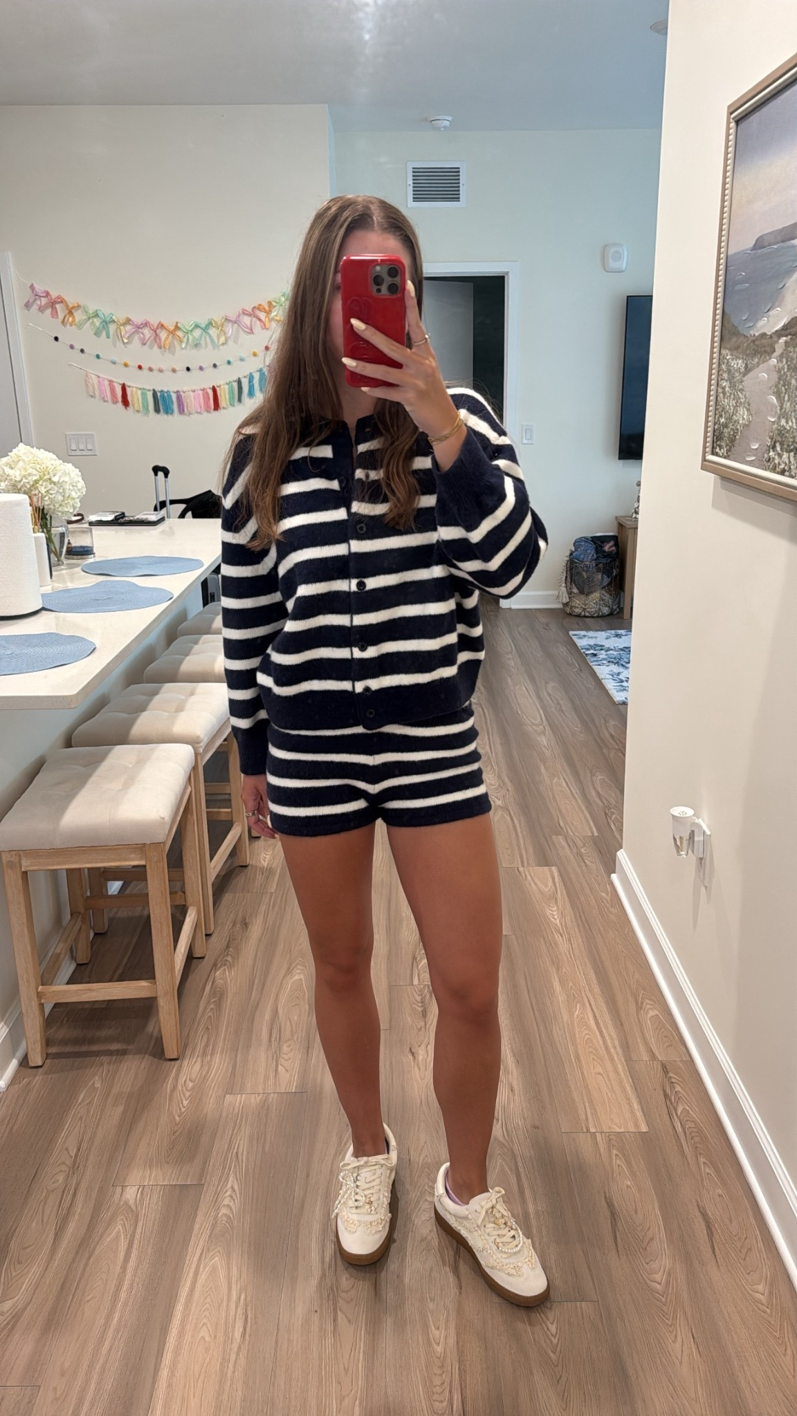 Navy stripe mini shorts and cardigan 

#LTKootd