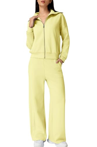 QINSEN Women's Cotton 2 Piece Outfits Lapel Long Sleeve Zip Up Sweatshirt Wide Leg Pants Matching... | Amazon (US)