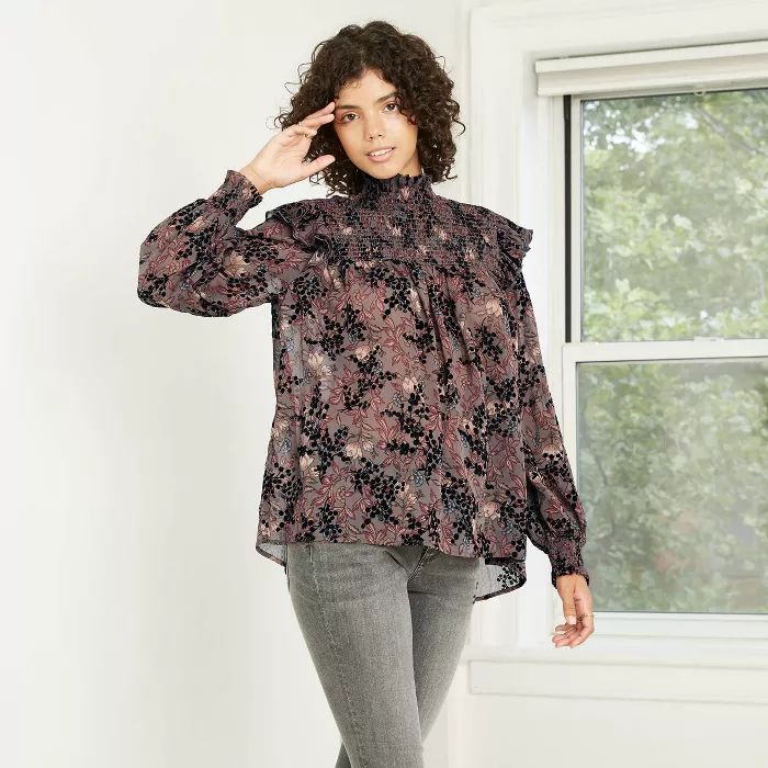 Women's Printed Bishop Long Sleeve Blouse - Knox Rose™ Brown | Target