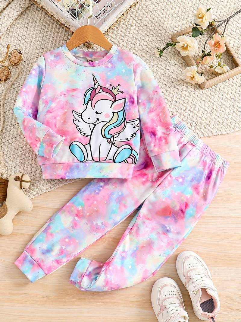 Girl's Tie Dye 2pcs, Long Sleeve Sweatshirt & Sweatpants Set, Cartoon Unicorn Print Casual Outfit... | Temu Affiliate Program