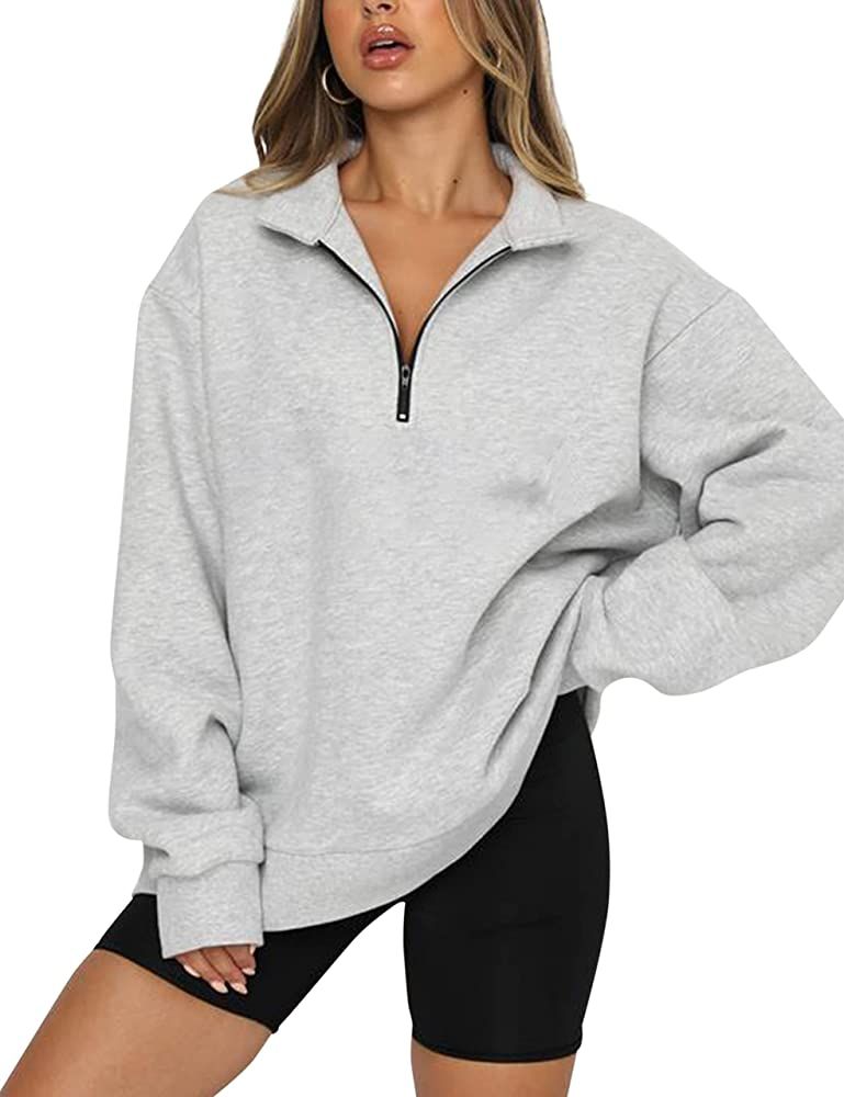 Meladyan Womens Half Zip Sweatshirt Oversized Long Sleeve Collar Drop Shoulder Solid 1/4 Zipper Pull | Amazon (US)