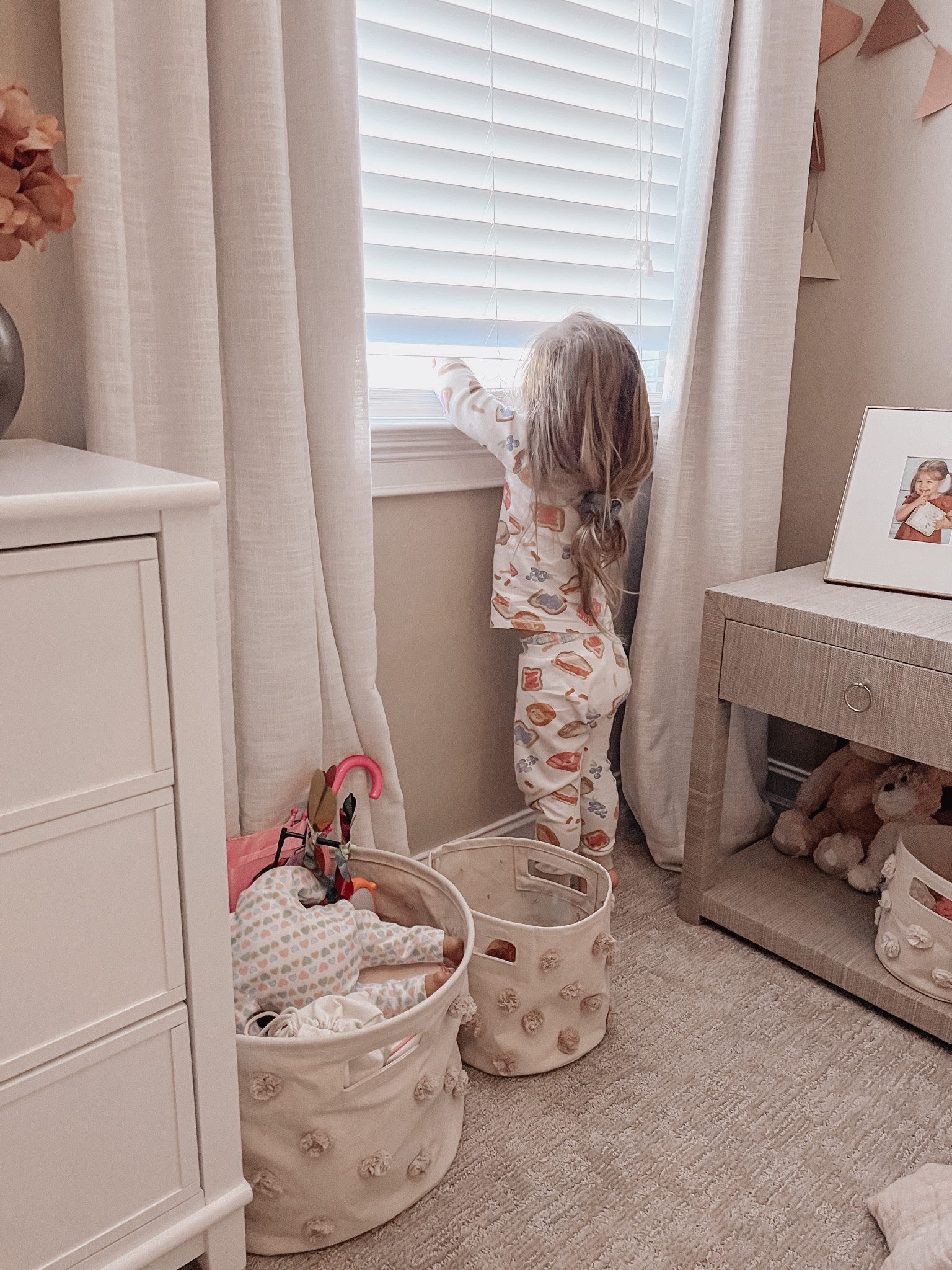 Kids room, girls bedroom, kids decor, play room, bedroom decor, neutral home decor, toys baskets, toy bins. 

#twopagescurtains #customdrapes 

#LTKkids #LTKhome