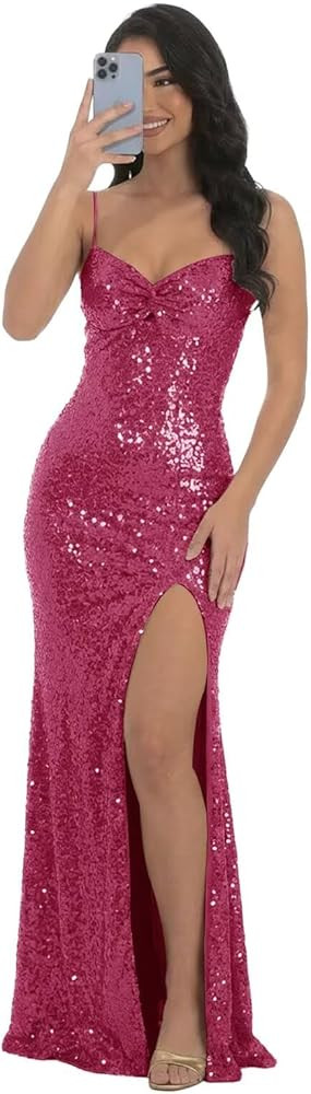 Amazon.com: WENKAFO Spaghetti Straps Formal Dress Long for Women with Slit Sparkly Sequins Sweeth... | Amazon (US)