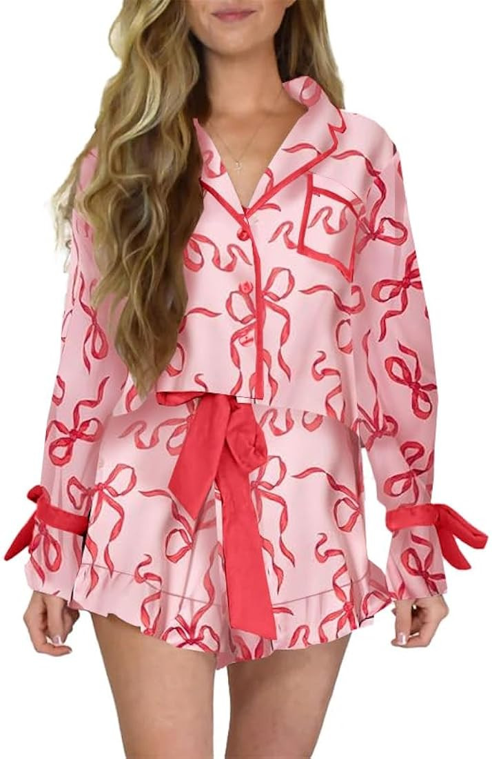 Valentines Day Bow Pajamas for Women Cute Silk Satin Pink Heart Pjs Ruffle Shorts Set Long Sleeve... | Amazon (US)