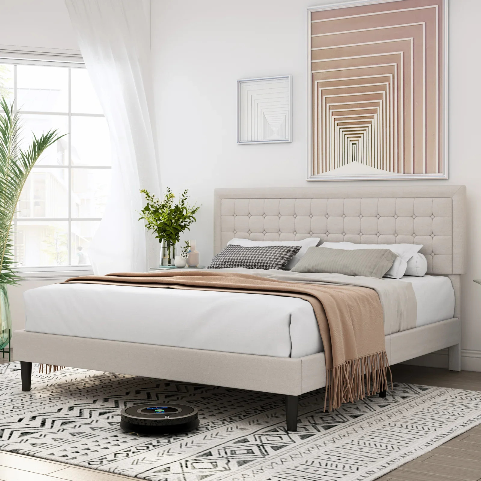 Homfa King Bed Frame, Button Tufted Upholstered Platform with Adjustable Headboard, No Box Spring... | Walmart (US)