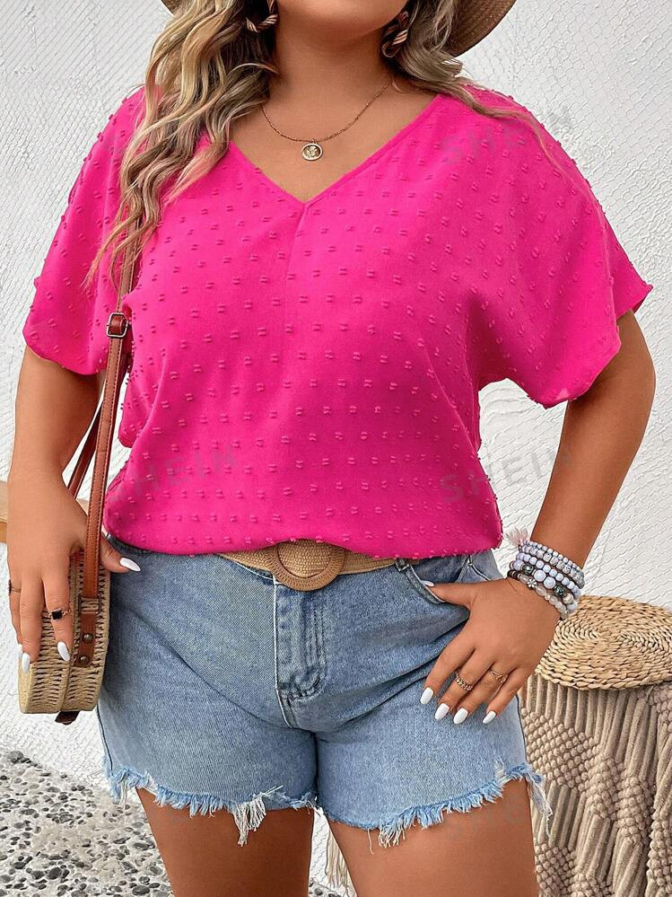 SHEIN LUNE Plus Swiss Dot Batwing Sleeve Blouse | SHEIN