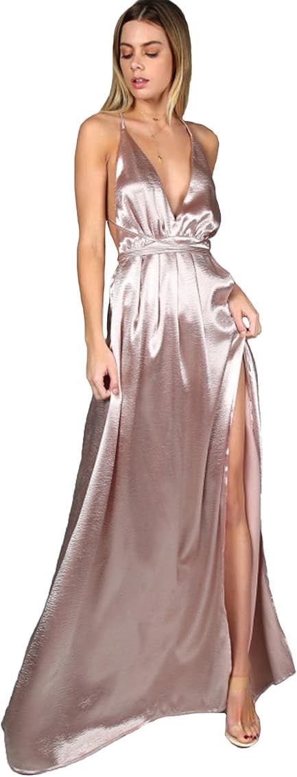 SheIn Women's Sexy Satin Deep V Neck Backless Maxi Club Party Evening Dress | Amazon (US)
