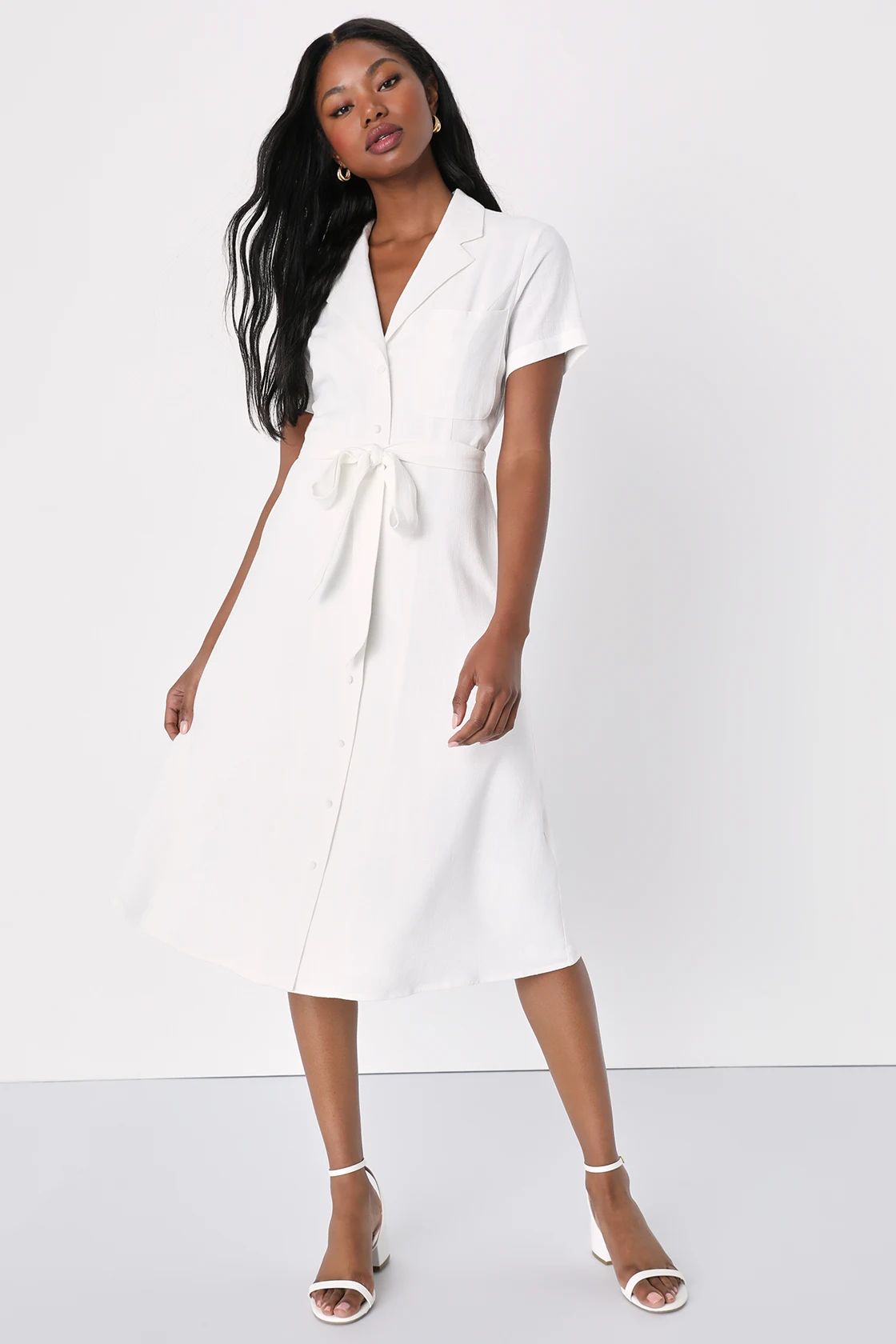 Sweet Sincerity White Linen Button-Up Midi Dress With Pockets | Lulus (US)