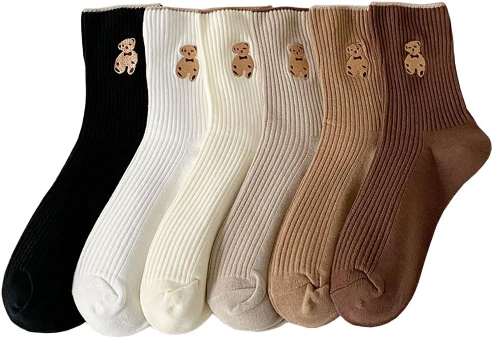 JUENAWMIU 6 Pair Womens Cute Cotton Socks Funny Bear Japanese Casual Athletic Ankle Crew Socks For Women | Amazon (US)