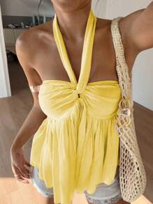 Sunnyshic Women Summer Vacation Ruched Front Twist Halter Neck Top | SHEIN