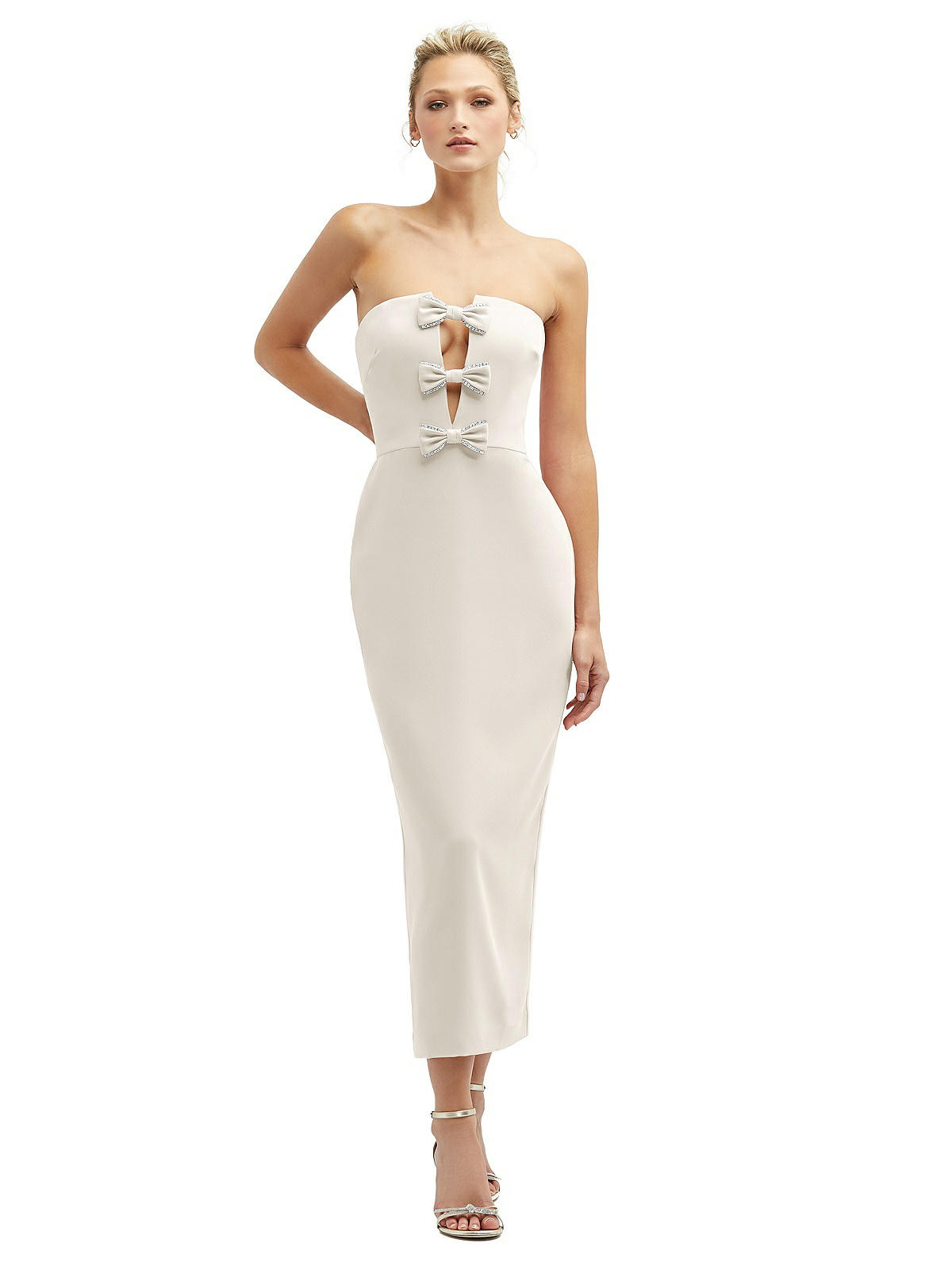 Rhinestone Bow Trimmed Peek-a-Boo Deep-V Midi Dress with Pencil Skirt in Ivory | The Dessy Group
