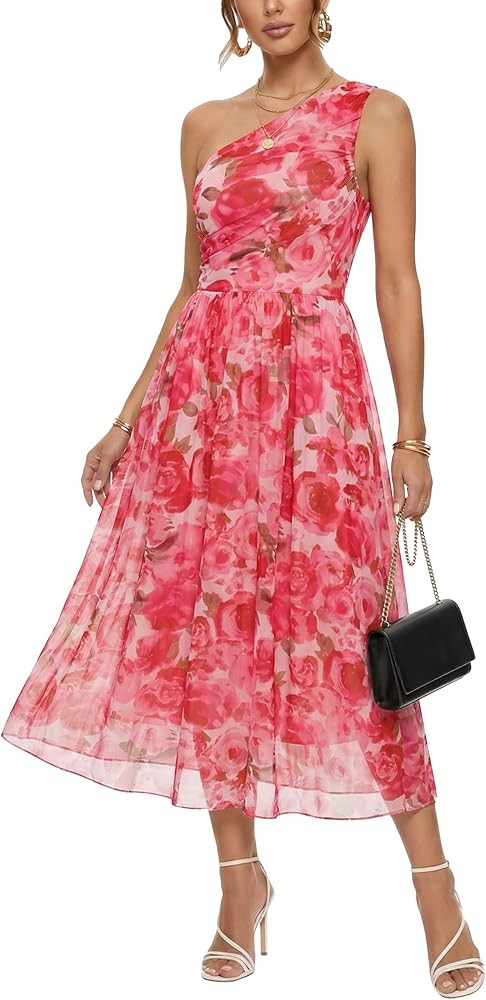 One Shoulder Midi Floral Dresses for Women Sleeveless Asymmetric Rouched Mesh Knit Dresses for Su... | Amazon (US)