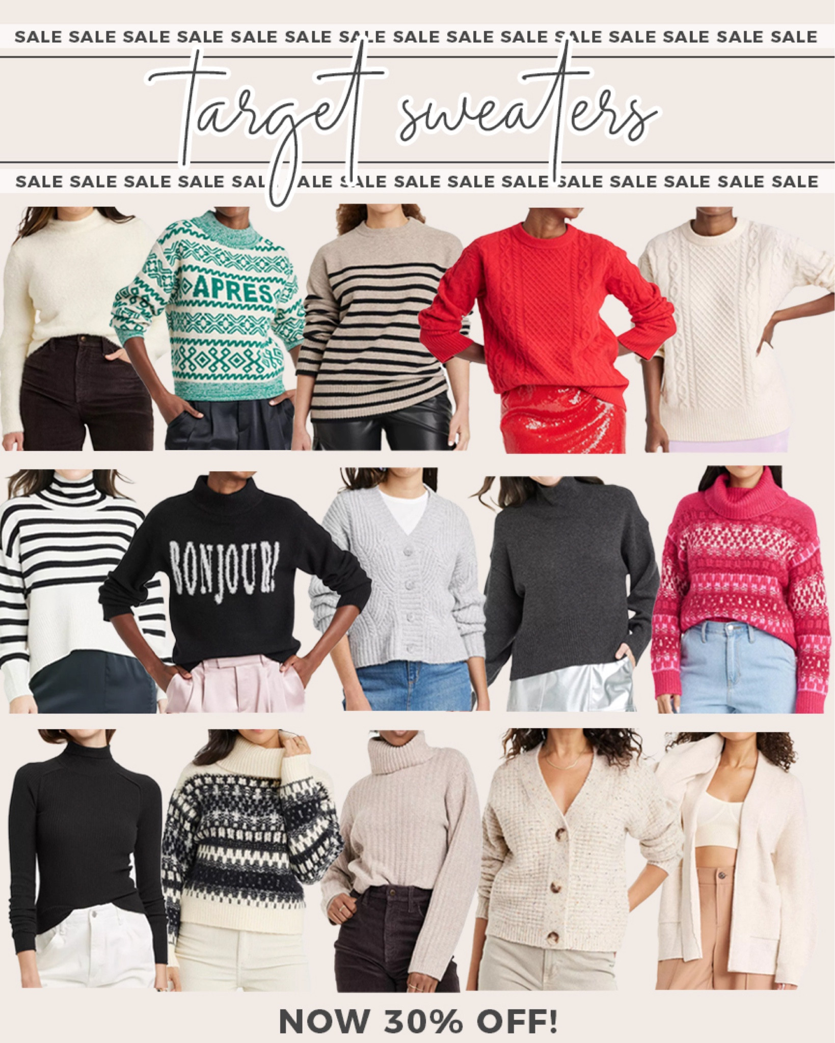 Sale alert! 30% off Target sweaters today! 

#targetdeals 

Target sweater. Cozy sweater. Holiday sweater. Fair isle sweater. Apres fair isle sweater. Red cable knit sweater. Striped tunic sweater. Cable knit cardigan.    

#LTKstyletip #LTKHoliday #LTKsalealert