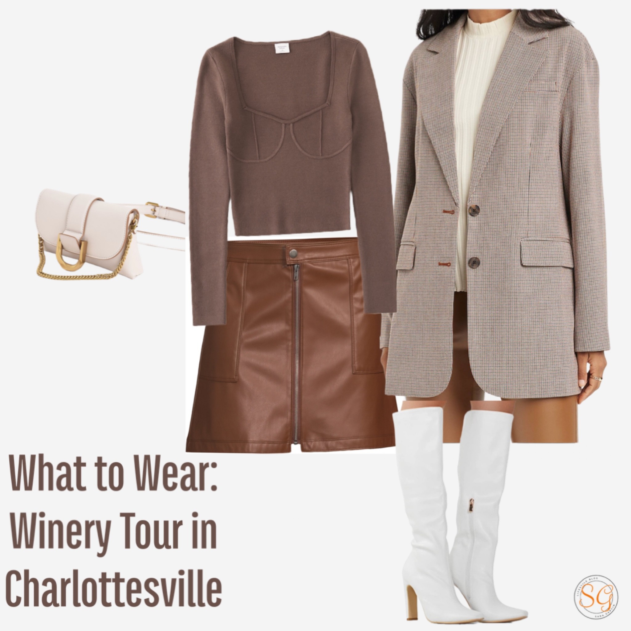 Blazer outfit with faux leather skirt. Perfect winery outfit to visit Charlottesville, Virginia in. 

#LTKHalloween #LTKSeasonal #LTKfit