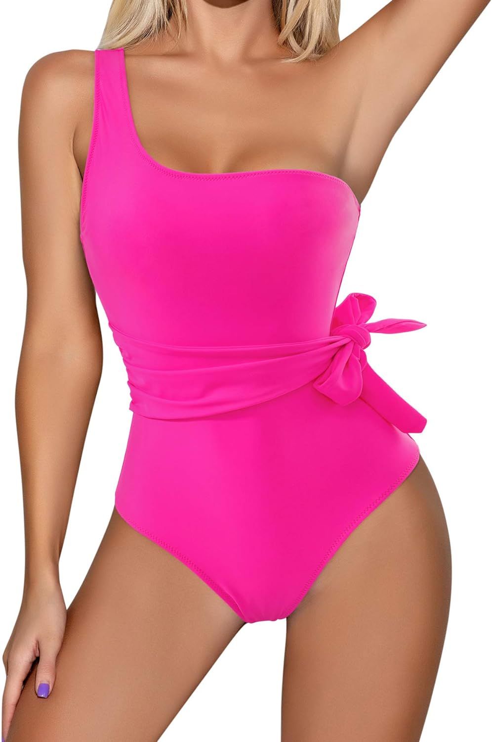 RXRXCOCO Women One Shoulder Bathing Suit Side Bandage Bowknot Tummy Control One Piece Swimsuit Swimw | Amazon (US)