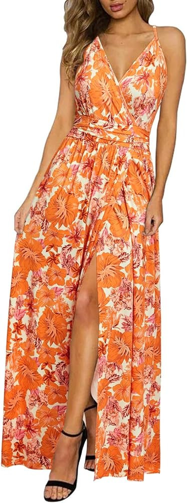 Newshows Women Summer 2025 Maxi Dress Vacation Floral Spaghetti Strap Spring Casual Boho Split Be... | Amazon (US)